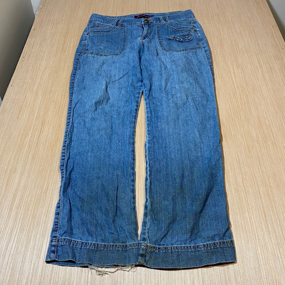 Gloria Vanderbilt Womens Size 10 Medium Wash Patchwork Distressed Wide Leg Jeans